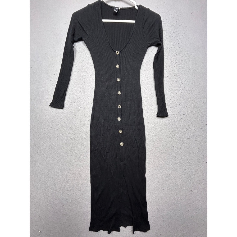 Windsor Ribbed Knit Button Down Midi Dress Black Small Womens